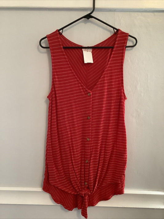 T.la Anthropologie Tie Front Button Up Tank Top Size S Red White Stripe 5B