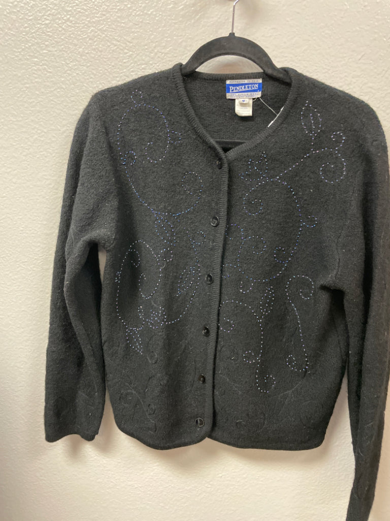 VTG Pendleton Virgin Wool Button Up Beaded Embroidered Sweater Size M Black 1A