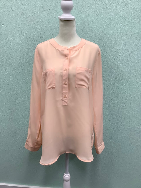 Old Navy Size L Half Button Down Pink Peach Long Sleeve Top Blouse 4D