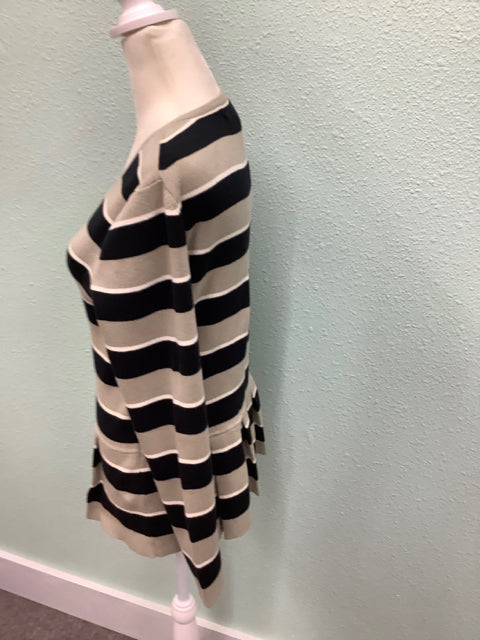 NEW Banana Republic Sweater Size M Striped Peplum Pleats Black Grey/Beige