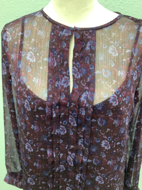 NWT Loft Petites Size S Tiered Blouse Burgundy with Blue Flowers Tank with LS Cover 3D