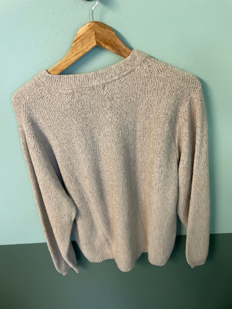 Oscar De La Renta Knit Sweater 3 Button Collar Oatmeal Tan Size L Cotton Blend 6C