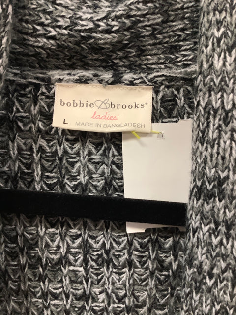 Bobbie Brooks Variegated Black/Gray Knit Open Front Cardigan Long Sleeve Size L