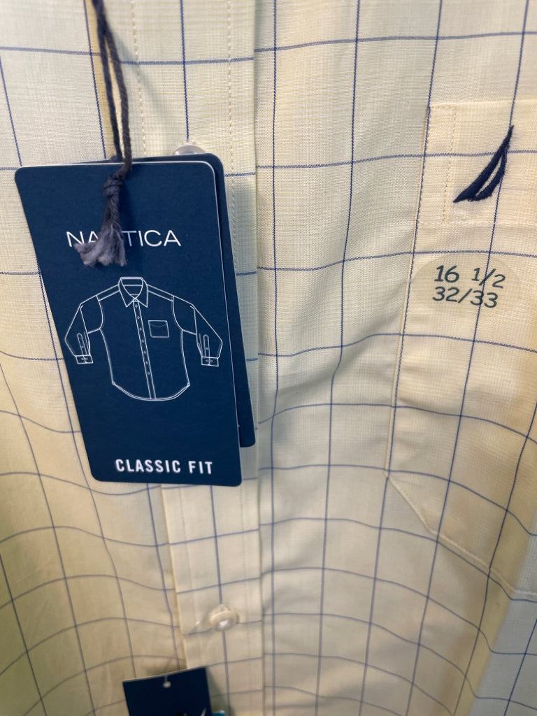 Nautica NWT Classic fit Yellow Blue Button Up Size 16H 32/33 Cotton 6B