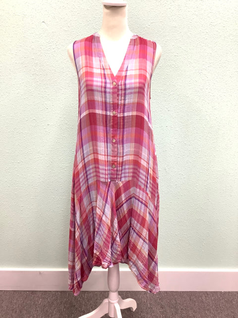 Anthropologie Maeve Pippa High Low Pink Plaid Midi Dress Button Up Size S 3H