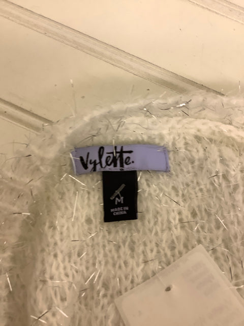 Vylette White Silver Tinsel Knit  Sweater Size M Super Soft