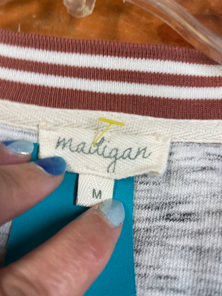 Anthropologie Madigan V-Neck Sweater Grey Microstripe Rust/White Trim Size M