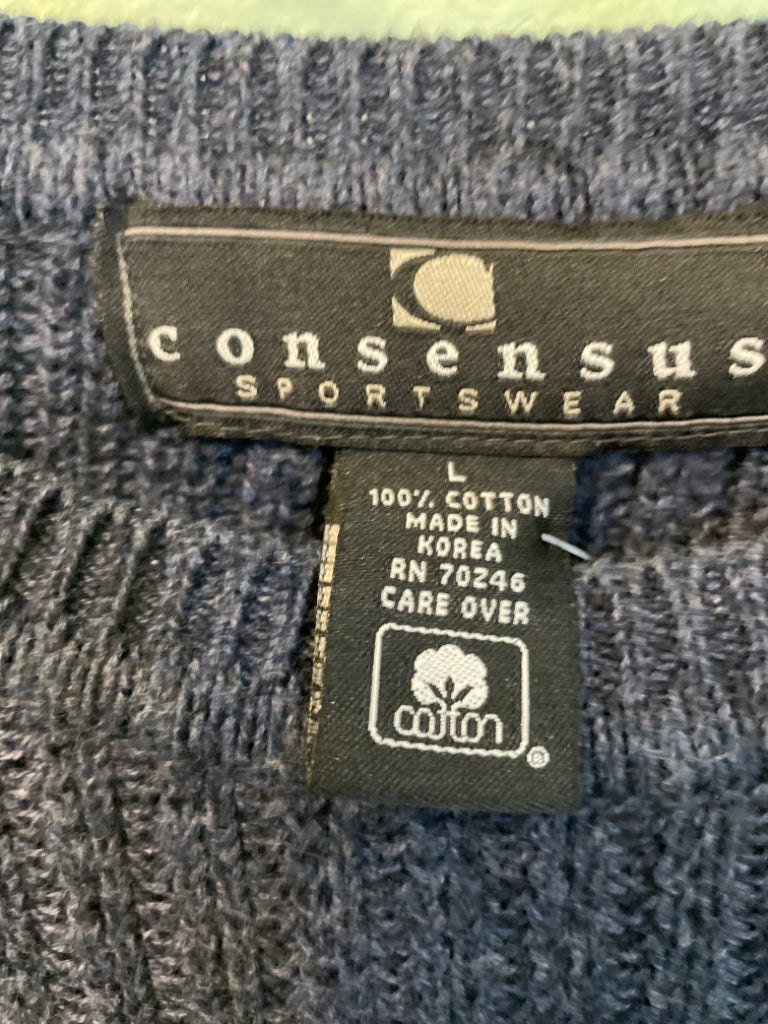 Consensus Sportswear 100% Cotton Knit Sweater Size L Dark Blue Crew Neck 6C