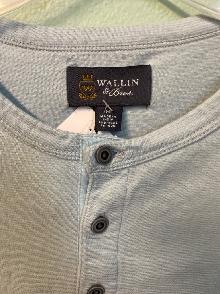 Wallin & Bros Short Sleeve Henley Blue Grey Stripe Size M 3 Button 6B