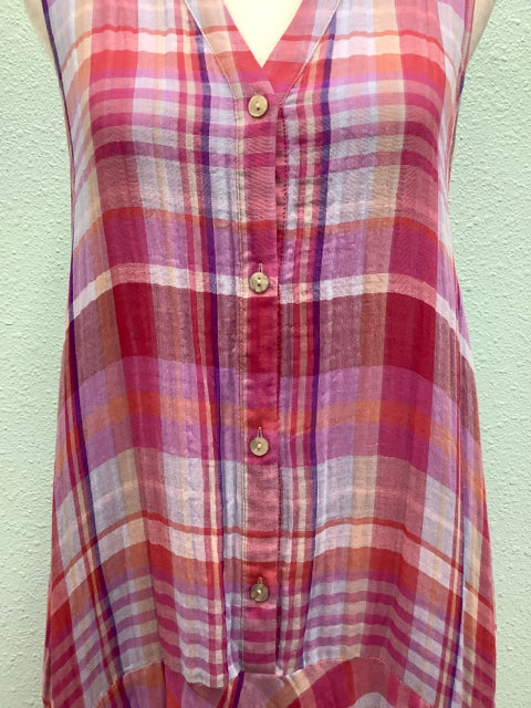 Anthropologie Maeve Pippa High Low Pink Plaid Midi Dress Button Up Size S 3H