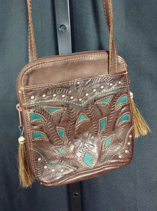 Hand Tooled Leather Purse Made in Paraguay Brown/Green (dark Teal) Vintage 1G