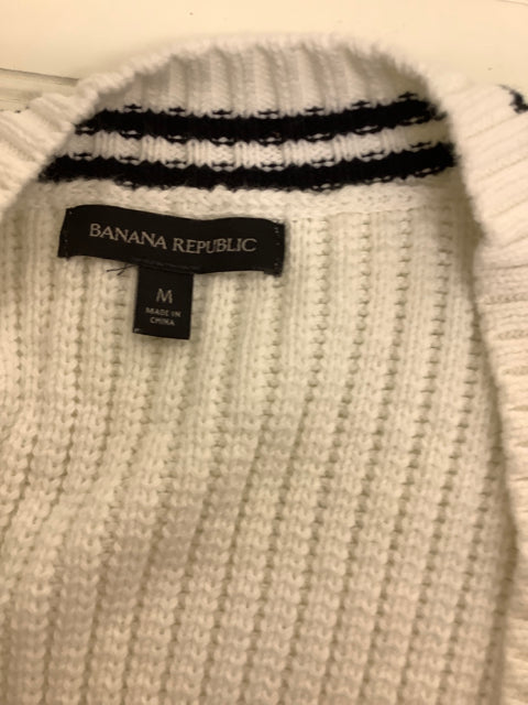 Banana Republic Size M V-Neck Tunic Chunky Sweater White w/ Black Trim