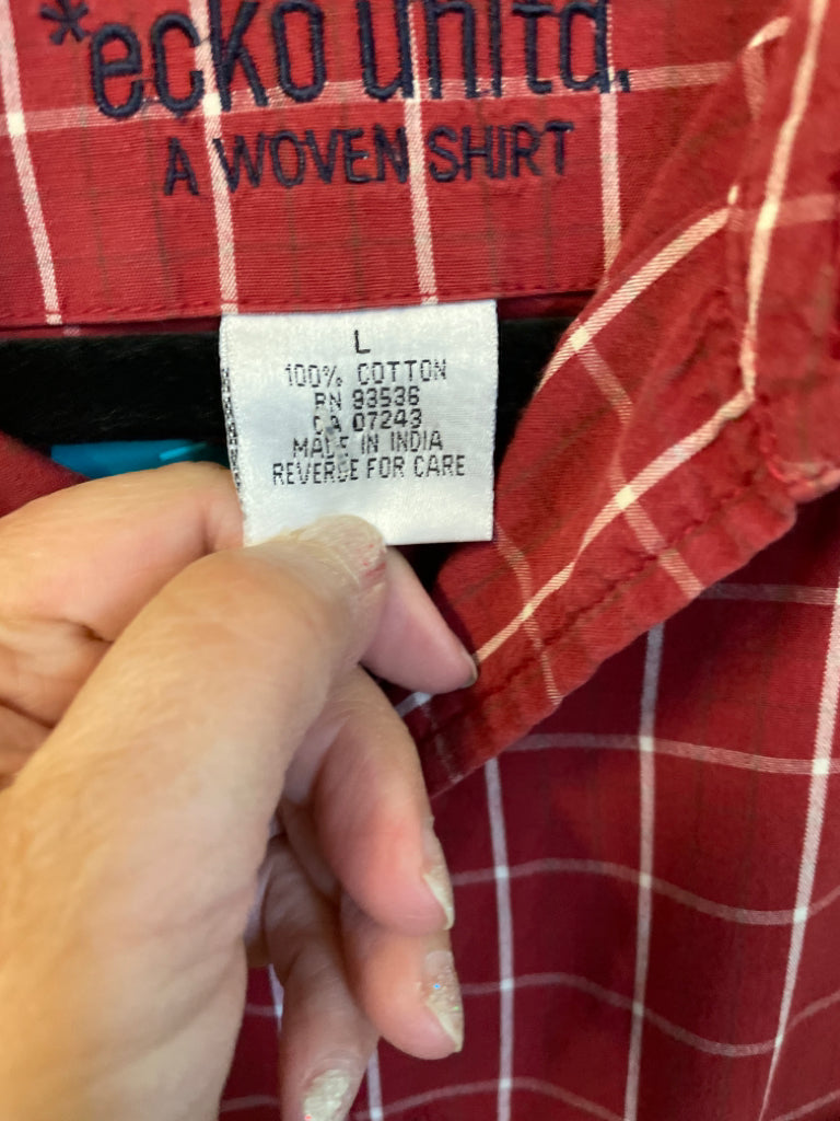 Echo Unltd A Woven Shirt Button Up Size L Red Plaid Cotton Short Sleeve 6B