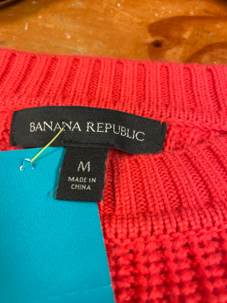 Banana Republic Shaker Stitch Knit Cropped Sweater Orange Red Crew Nech Ribbed Size M