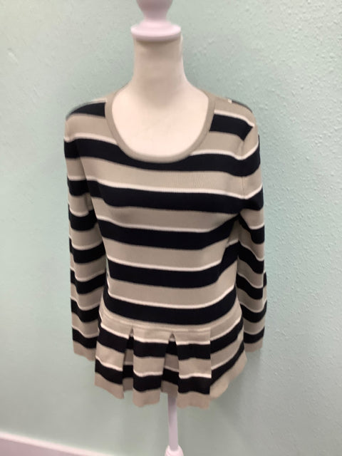 NEW Banana Republic Sweater Size M Striped Peplum Pleats Black Grey/Beige