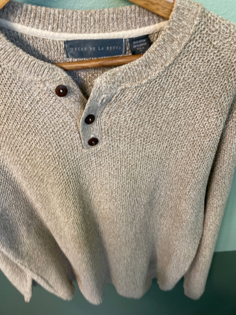 Oscar De La Renta Knit Sweater 3 Button Collar Oatmeal Tan Size L Cotton Blend 6C
