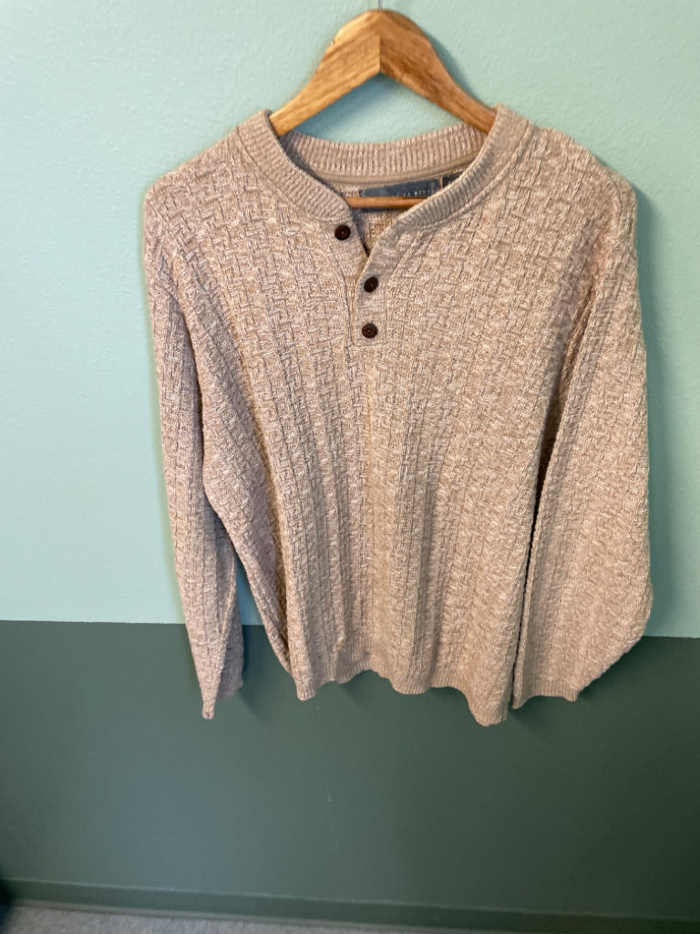 Oscar De La Renta Knit Sweater 3 Button Collar Oatmeal Tan Size M Cotton Blend 6C