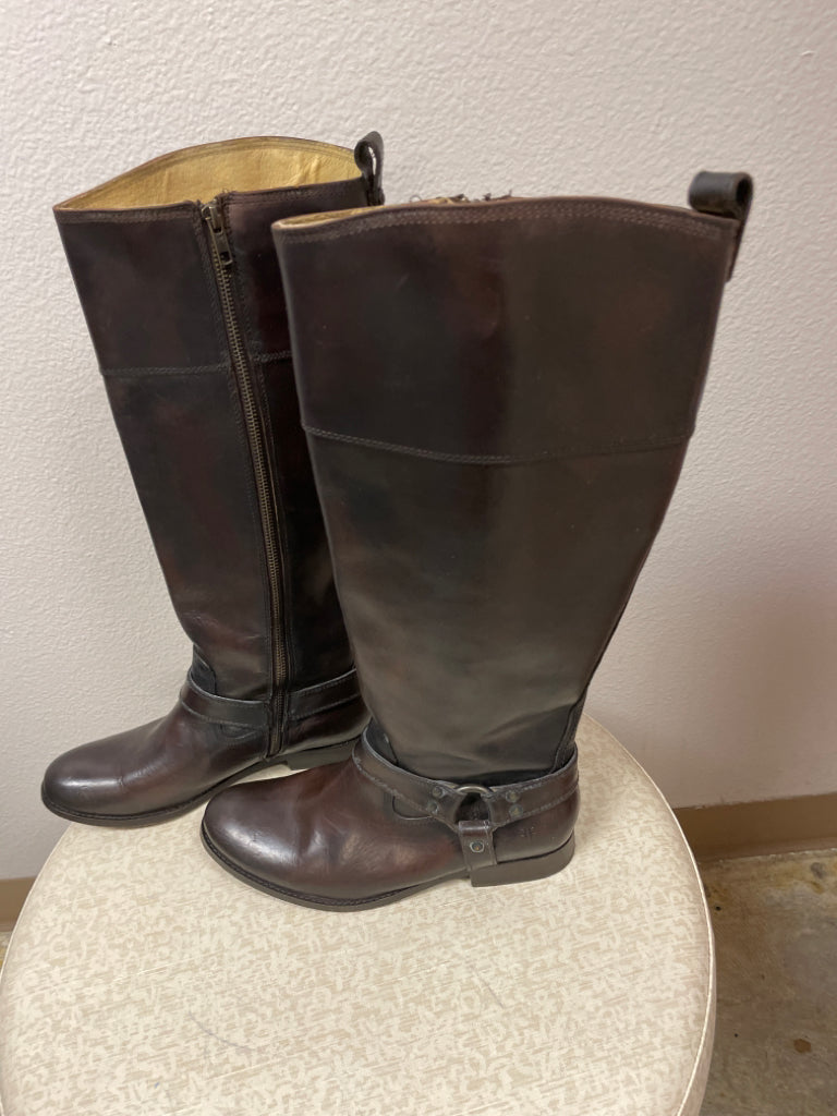 Frye 76929 Melissa Harness Riding Knee High Brown Leather Boots $438 Size 9B