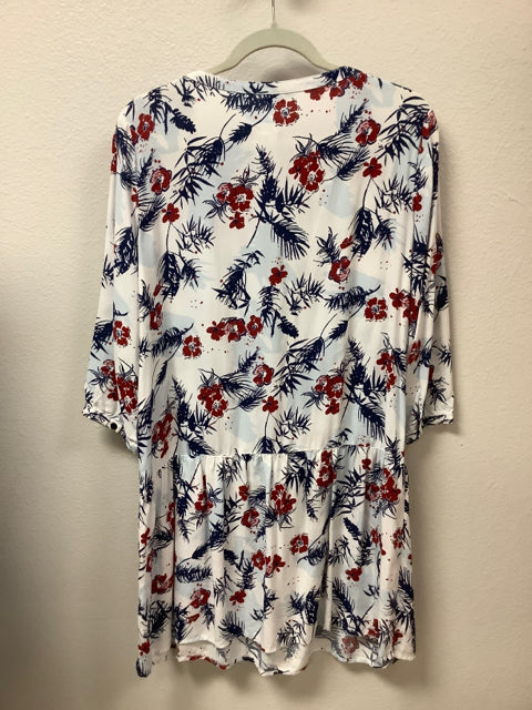 Jacqueline de Yong Tunic Button Up Blue and Red Floral V Neck Size 38 (6)