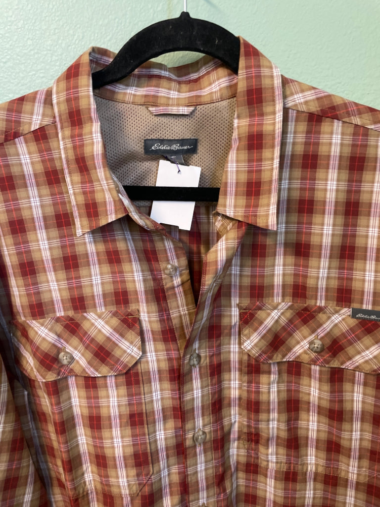 Eddie Bauer Brown Red Plaid LS Button Up Shirt Size TXL Mesh Neck 6B