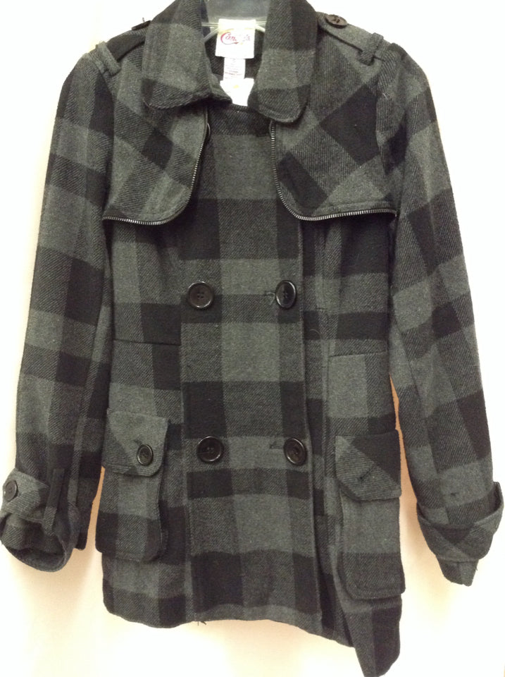 Candie's Size S Pea Coat Jacket Plaid Black/Grey 3C