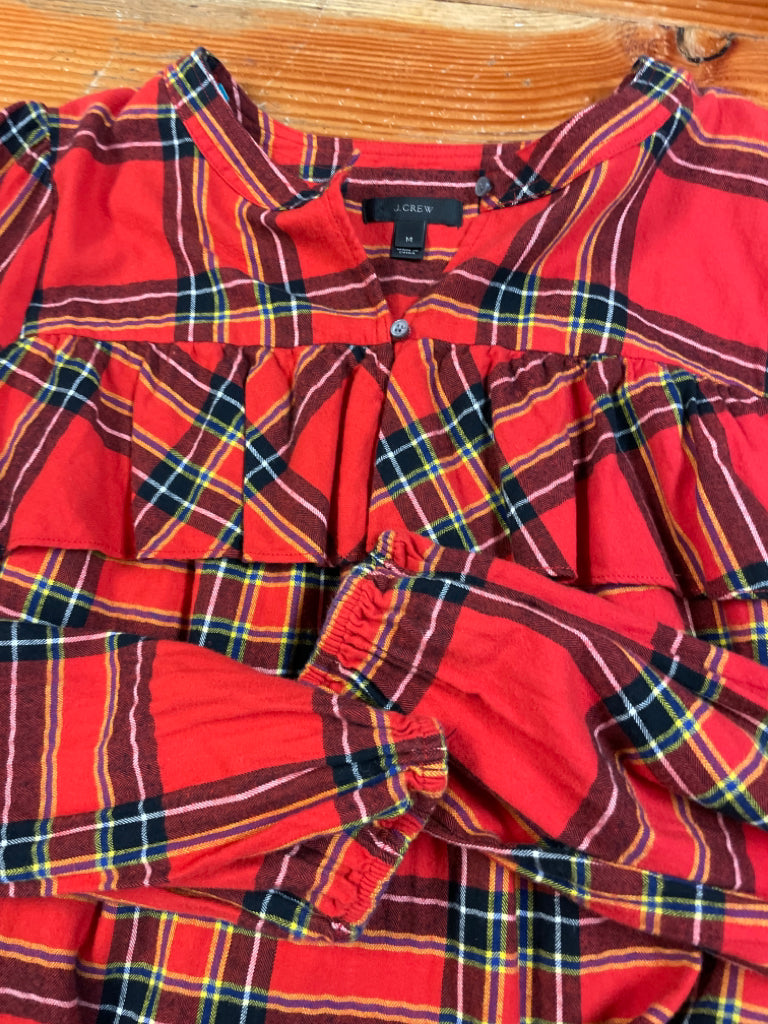J. Crew Ruffled Red Tartan Popover Plaid Flannel Top Elastic Cuff Size M