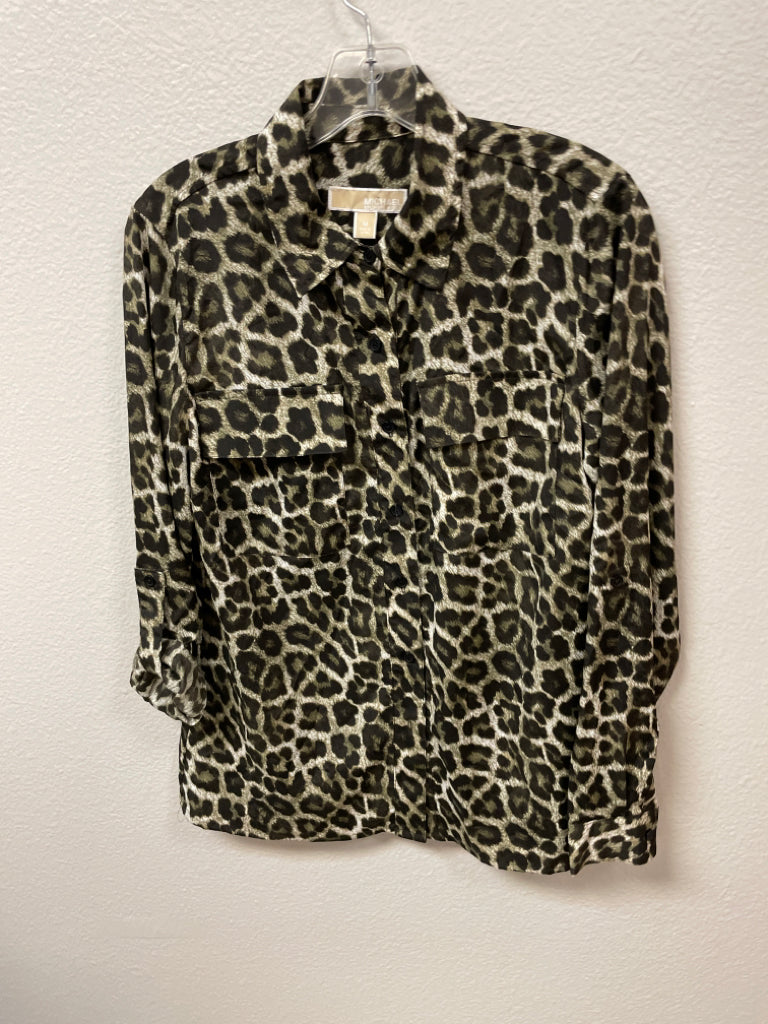 Michael Kors NWT Roll Sleeve Button Front Animal Print Blouse Size M