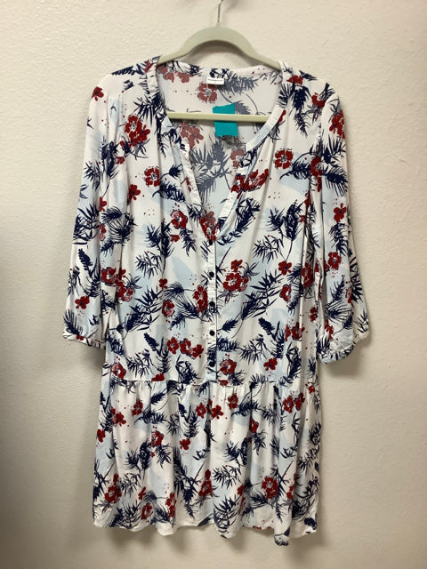 Jacqueline de Yong Tunic Button Up Blue and Red Floral V Neck Size 38 (6)